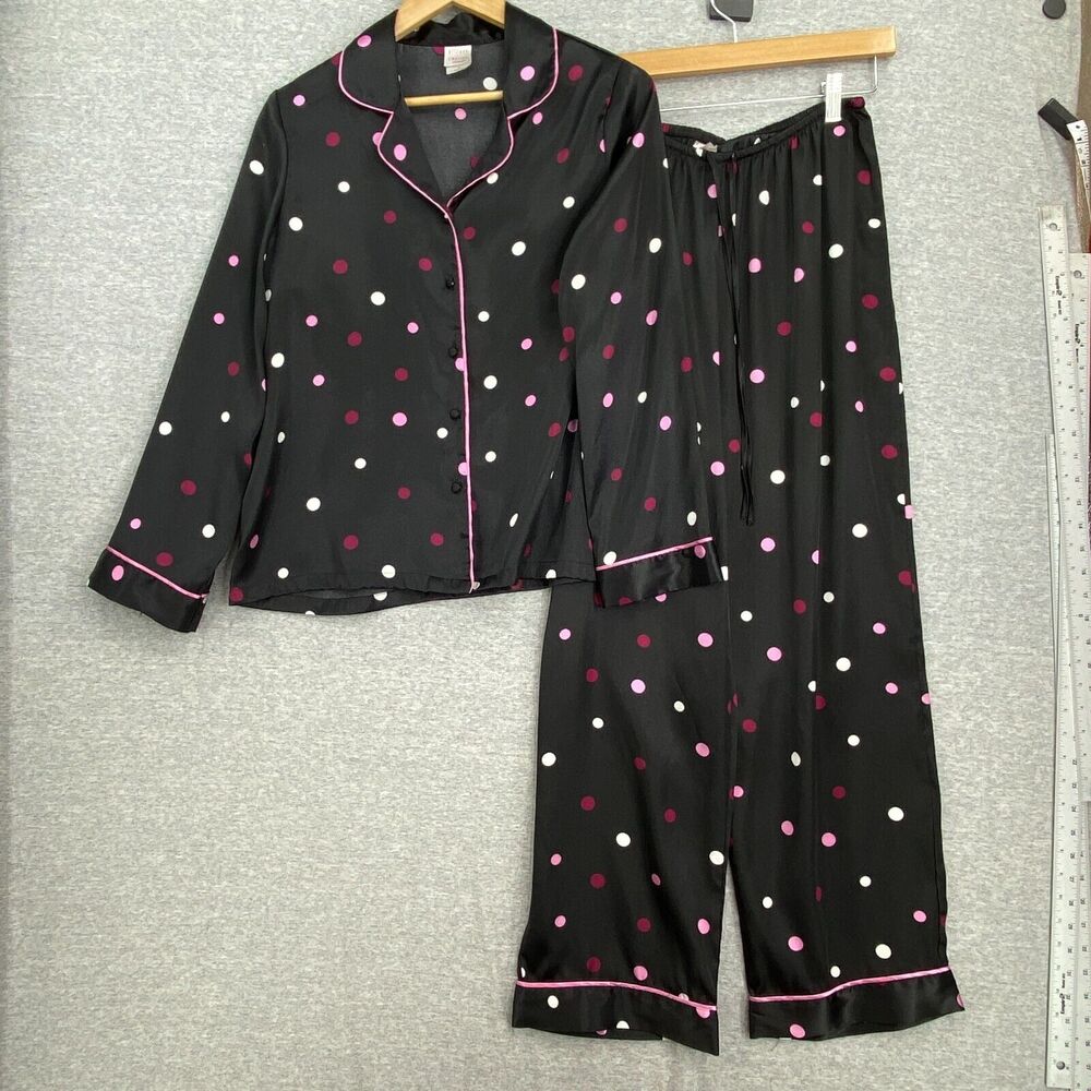 Gilligan & O'Malley 2 Piece Sleepwear Womens Small Black Pink Polka Dots Button